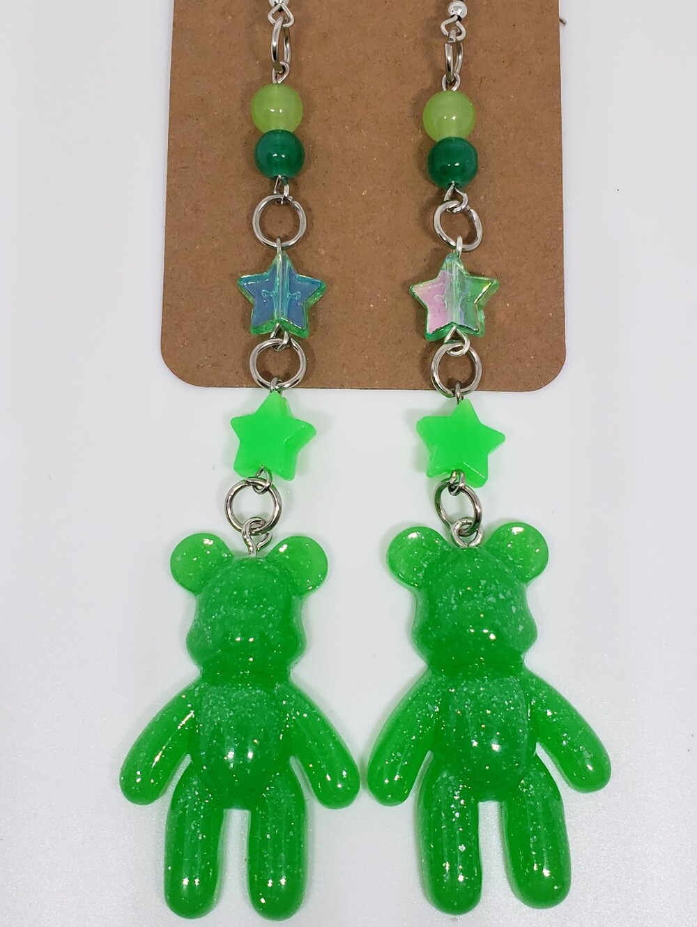 Handmade Beaded Neon Green Glitter Teddy Bear Earrings